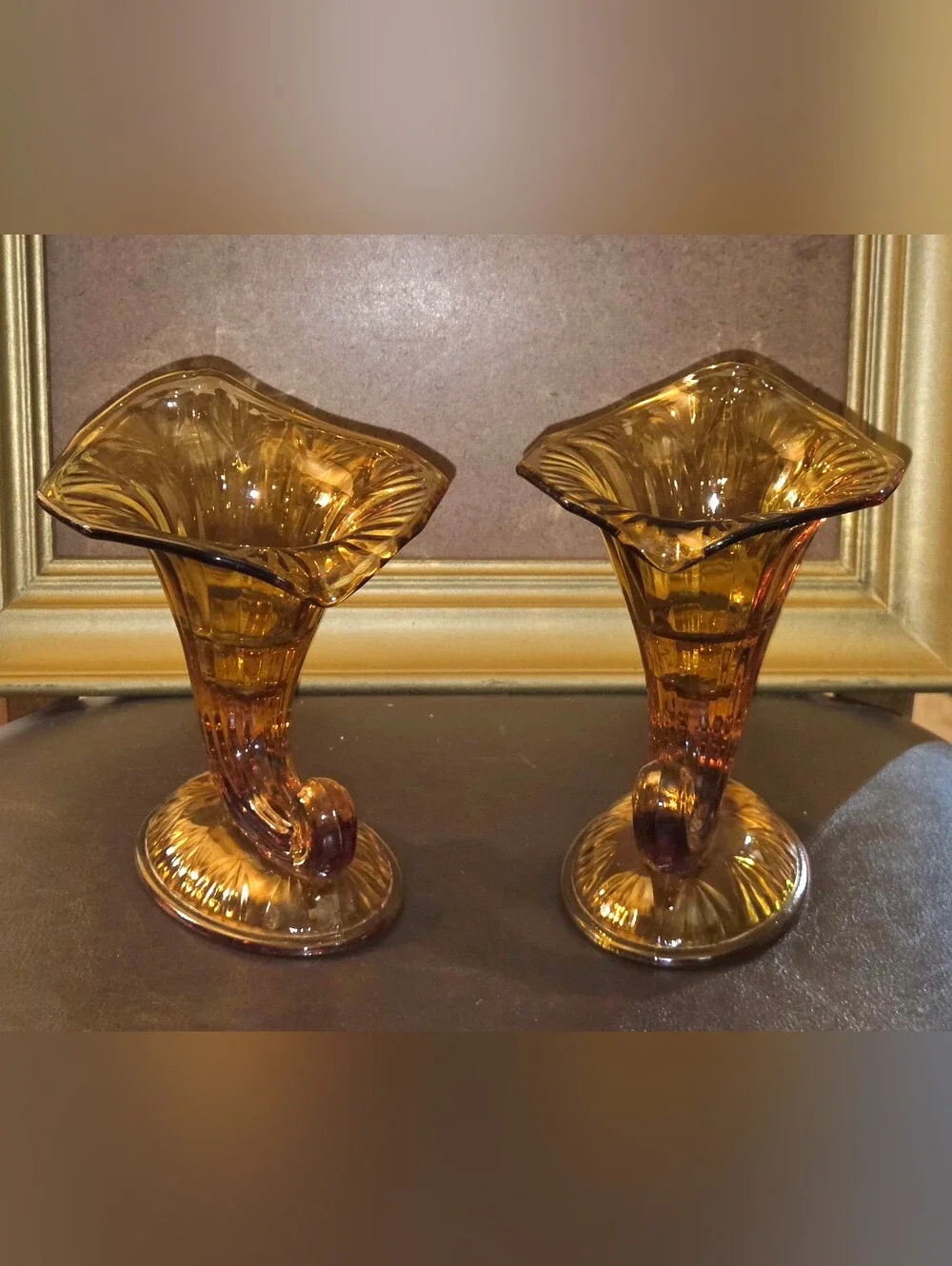 Set of Fenton Amber Glass Cornucopia Candleholders w Ruffled Rims & Fluted Base